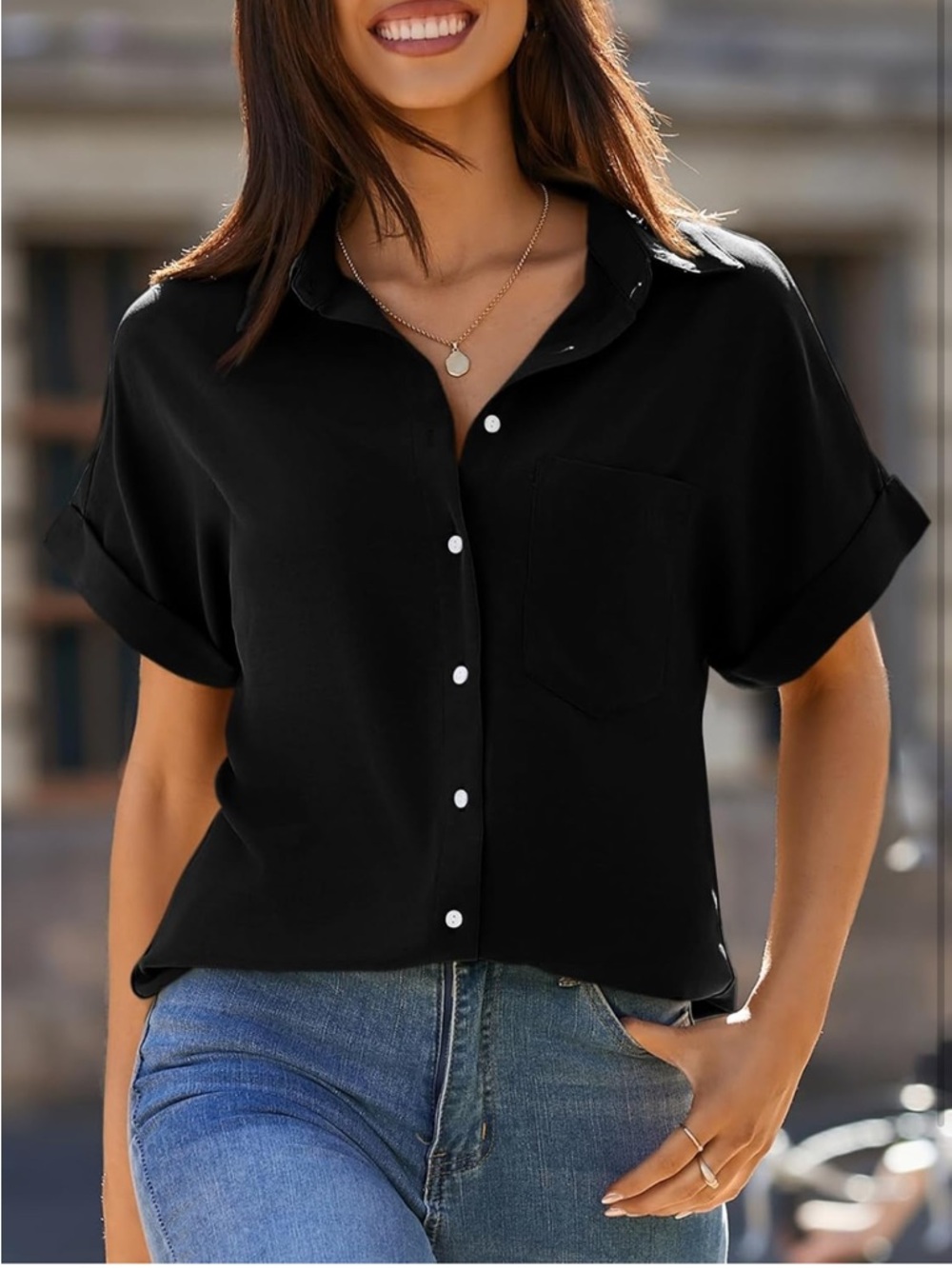 Black Button Front Blouse Women’s XL Short Sleeve Collared Shirt - Picture 3 of 8